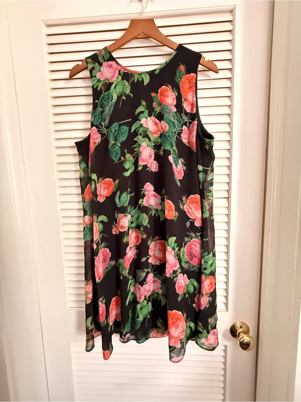 Calvin Klein Black Floral A-Line Dress with Pink & Green Roses